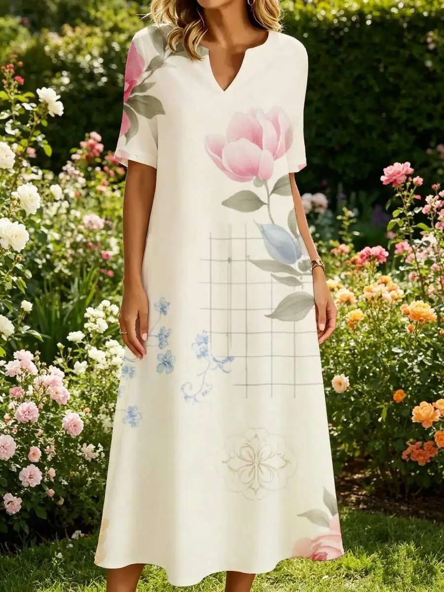 

V Neck Midi Dress Cream Floral And Geometric Print Summer Garden Outfit