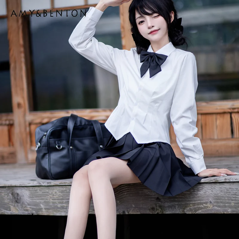 2024 New Japanese JK Uniform Preppy Style Summer and Autumn Solid Color White Long Short Sleeve Black Pleated Skirt Set For Girl