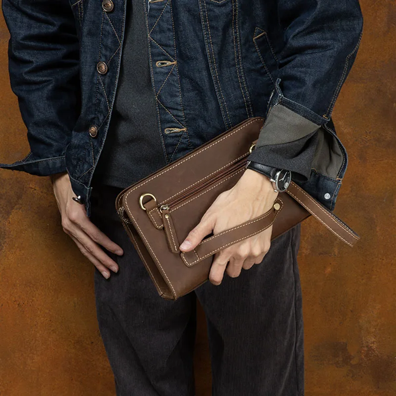 Crazy horse leather men's handbags retro business long clutch leather leather purse shoulder bag large capacity
