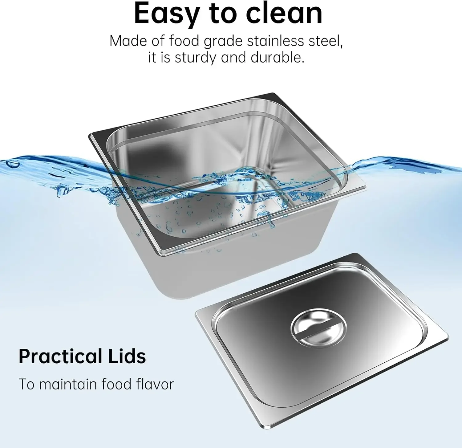 สแตนเลสเกรดเชิงพาณิชย์ 2 ส่วน 19 Qt Bain Marie บุฟเฟ่ต์อุ่นอาหารโต๊ะไอน้ําพร้อมระบบควบคุมอุณหภูมิ ฝาปิด และ Wa