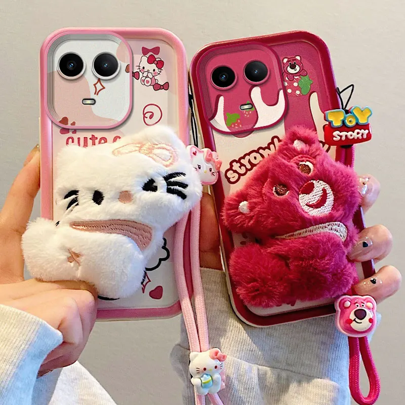 3D Plush Hello Kitty Kuromi Fur Phone Case For Realme Narzo 10A 20A 30A 50A 50i 60x Note 50 Q3 U1 V13 V23i V50S Bear Strap Cover