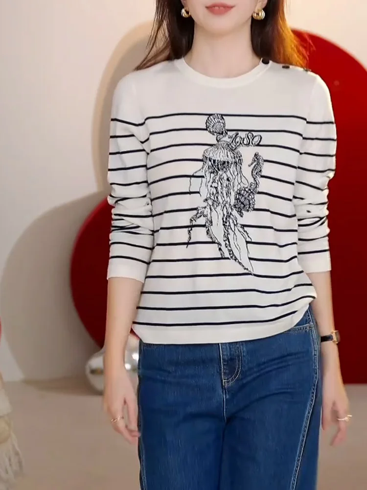 

Корейская полосатая футболка с круглым вырезом и принтом, больших размеров, универсальный топ для похудения, модный повседневный свободный крой для осени