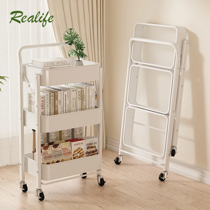 

Realife Free Installation Folding Kitchen Storage Rack Floor Standing Multi-layer Vegetable Basket Small Cart That Can Be Moved