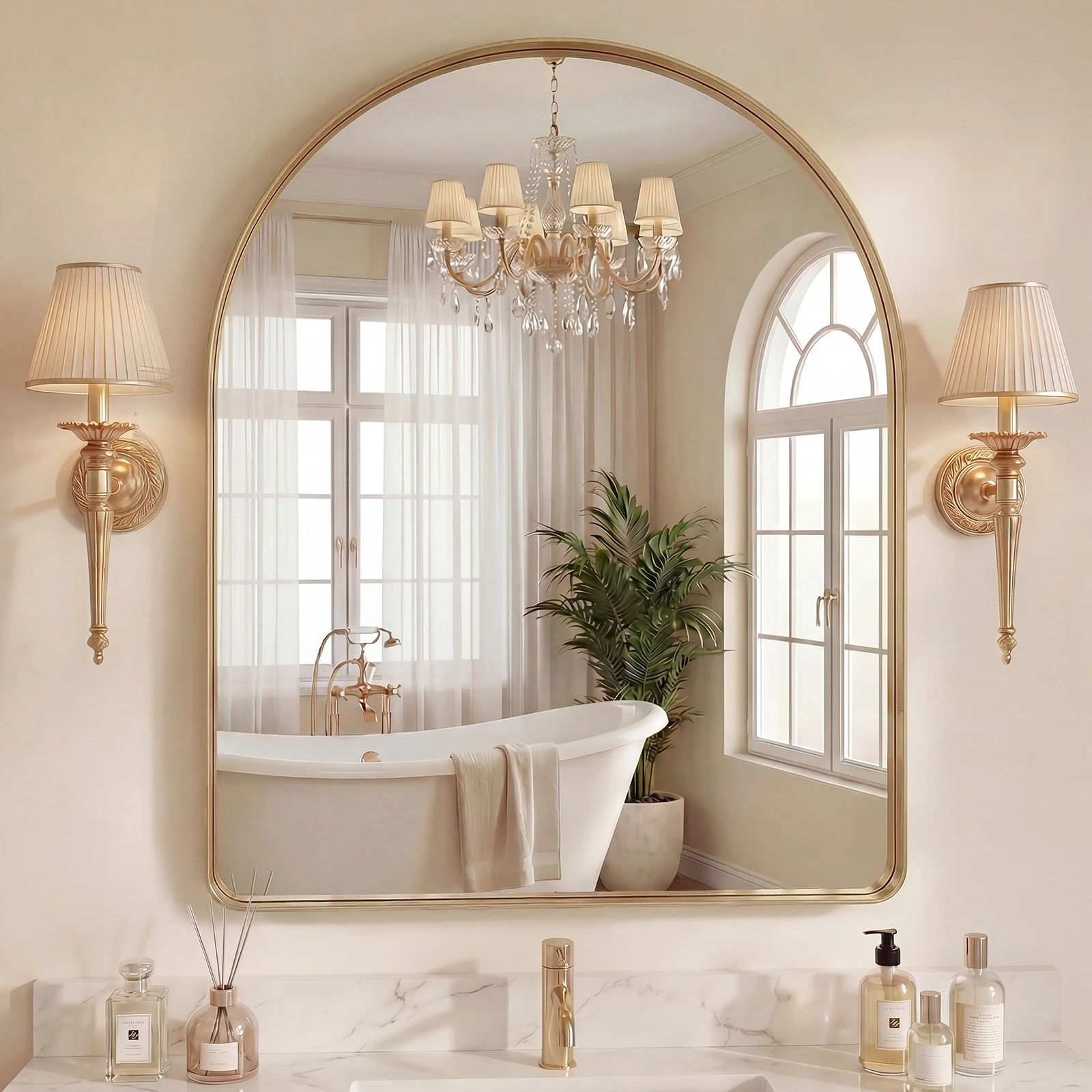 JHK Groove Arched Full-length Mirror Wall Mirror Arched Rounded Rectangle Bathroom Mirror for Over Sink Modern Wall Mount Vanity Mirrors with Matte Metal Deep Framed for Home Decor