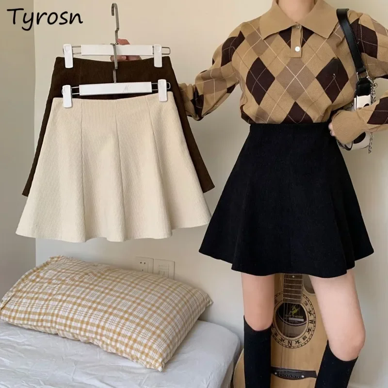 

A-line Corduroy Mini Skirts Women Clothes Pure Color Minimalist Sweet Hot Girls High Waist All-match Korean Fashion Мини Юбки