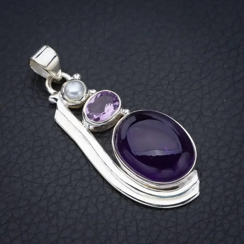 

Hesy® Natural Amethyst River Pearl Handmade 925 Sterling Silver Pendant 1.75" F5302