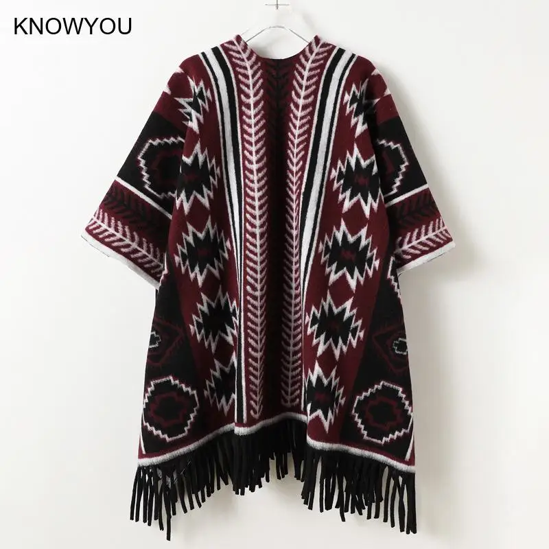 Women Men Wraps Warm Scarf Printed Fringe Two Wear National Wind Warm Shawl Mitation Cashmere Muffler Male Poncho Jacket view 4