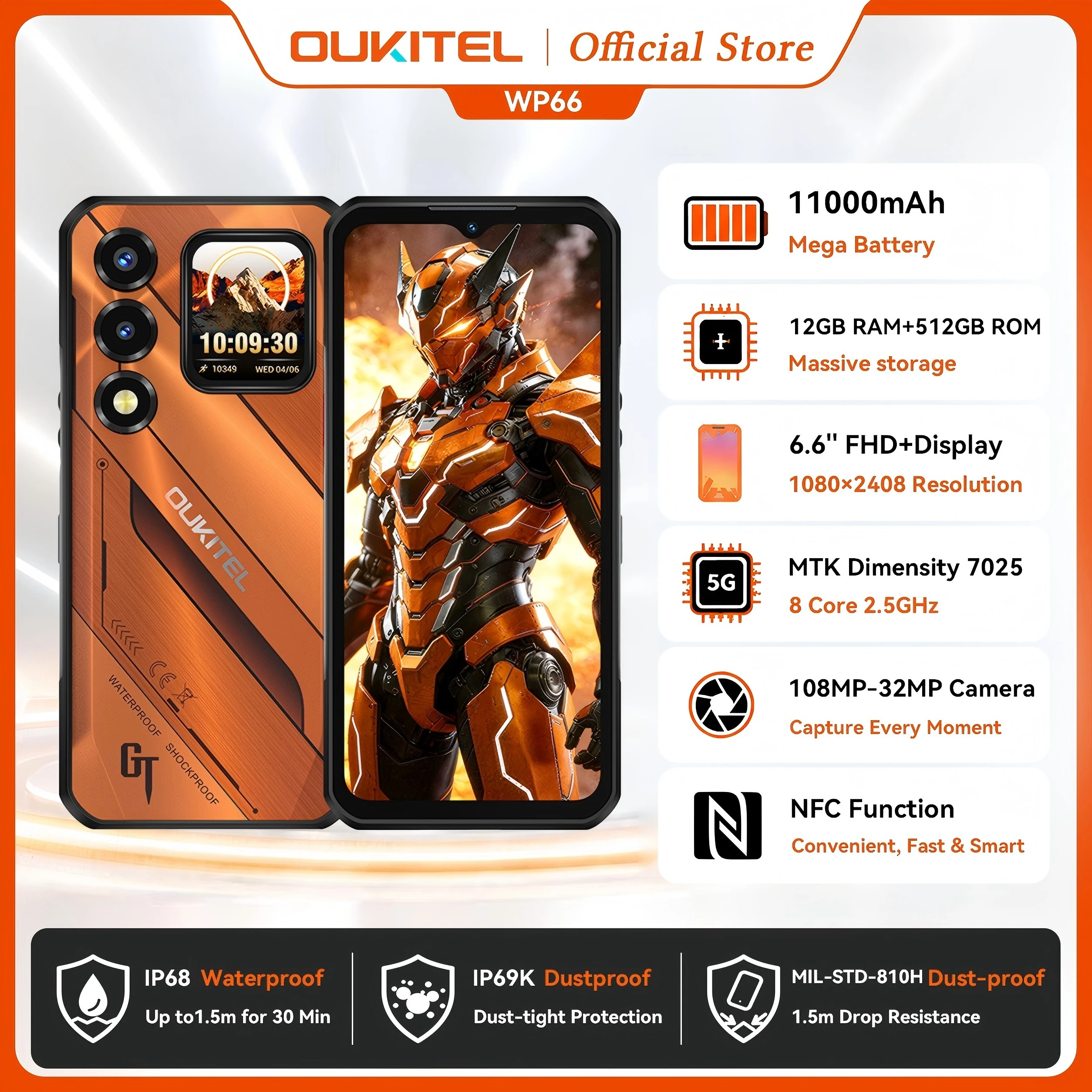 OUKITEL WP66 11000mAh Rugged Smartphone, 36GB+512GB 6.6" FHD+ 1.81" Dual Screen 120Hz, 108MP NFC MTK 5G Mobile Phone, Android 16