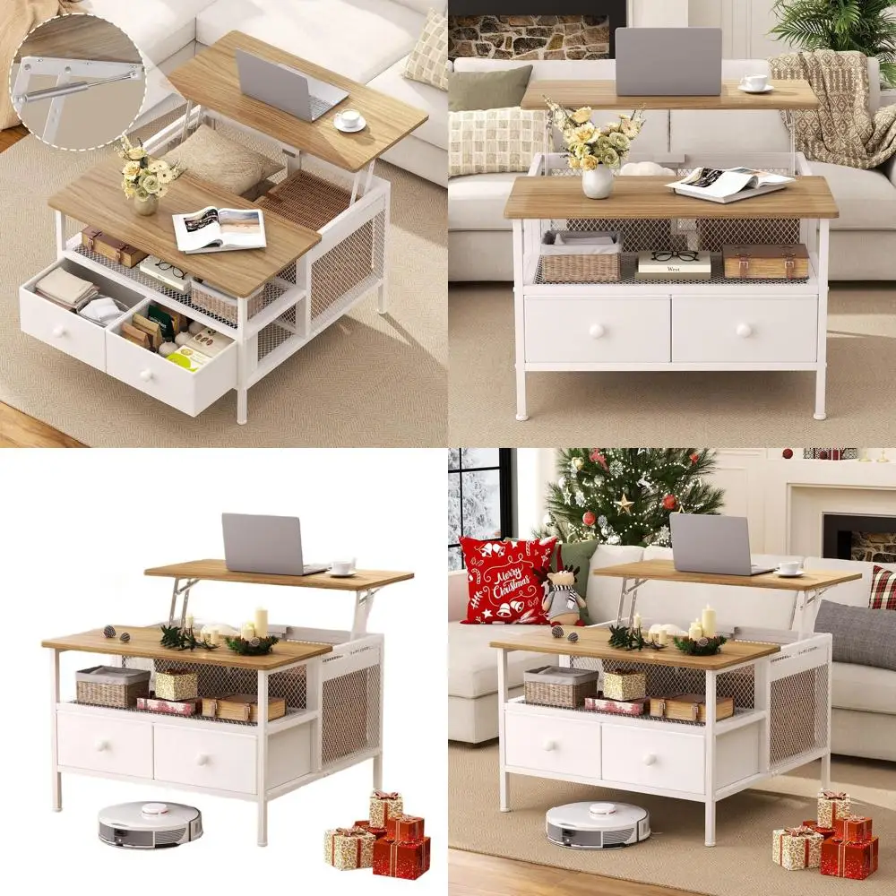 

Illuminated Coffee Table, Square Metal and Wood Design, Cocktail Table with Wire Mesh, Barn Door Style Storage, Steel Frame, Com