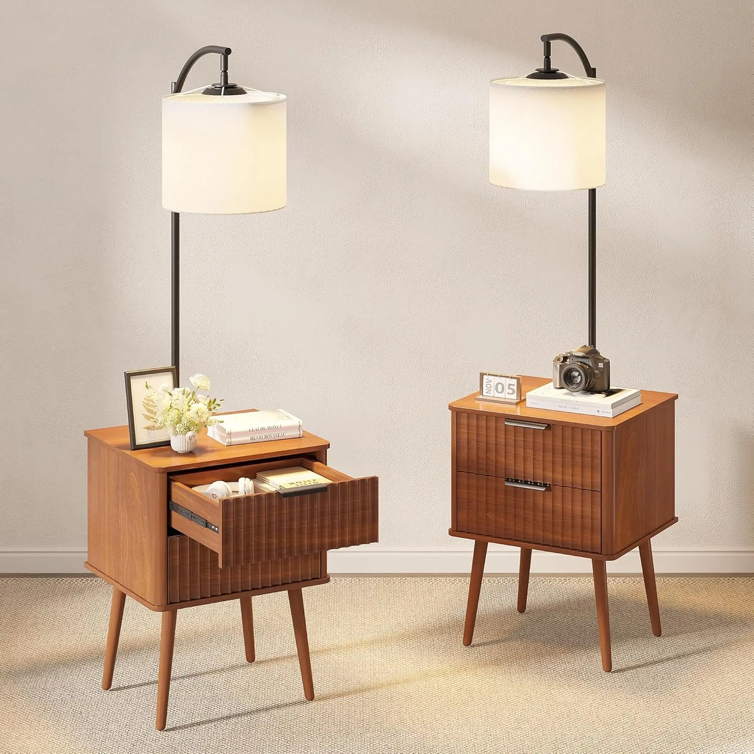 

Lamp with Beige Linen Shade, Set of 2 Night Stand with 2 Drawer Smart Bedside Table with USB&Type-C for Bedroom,Reddish-Brown