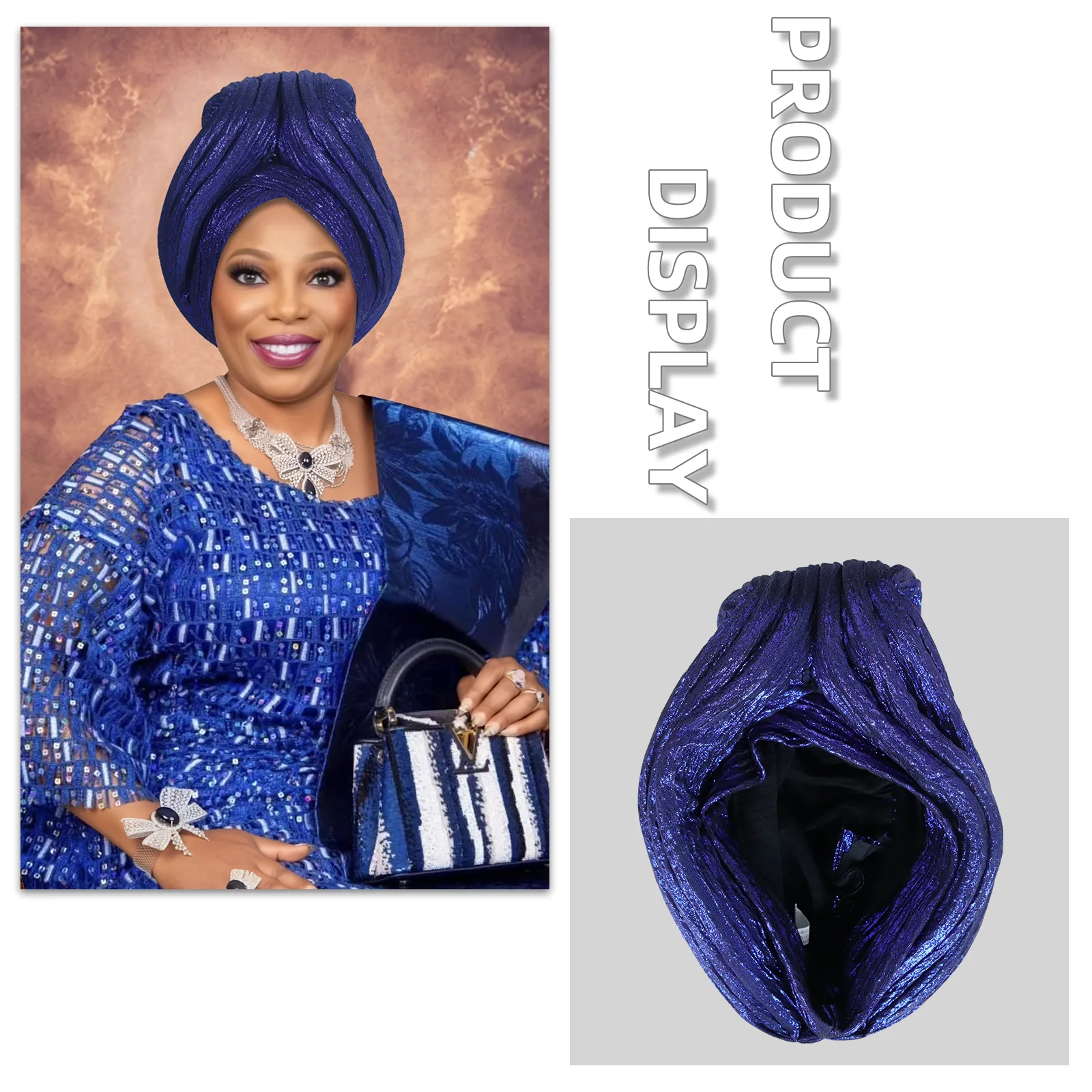 Turban-Kappe im Kronenstil für Frauen, afrikanische Dame, Auto-Gele-Kopfband, Nigeria, Hochzeit, Party, Kopfbedeckung, muslimischer Hut – Detail 1