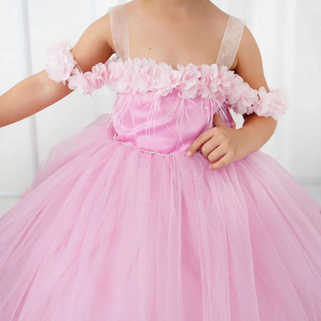 Vestido floral rosa personalizado para meninas, flores de tule com laço, sem mangas, para casamento, aniversário, comunhão, banquete, vestido de princesa