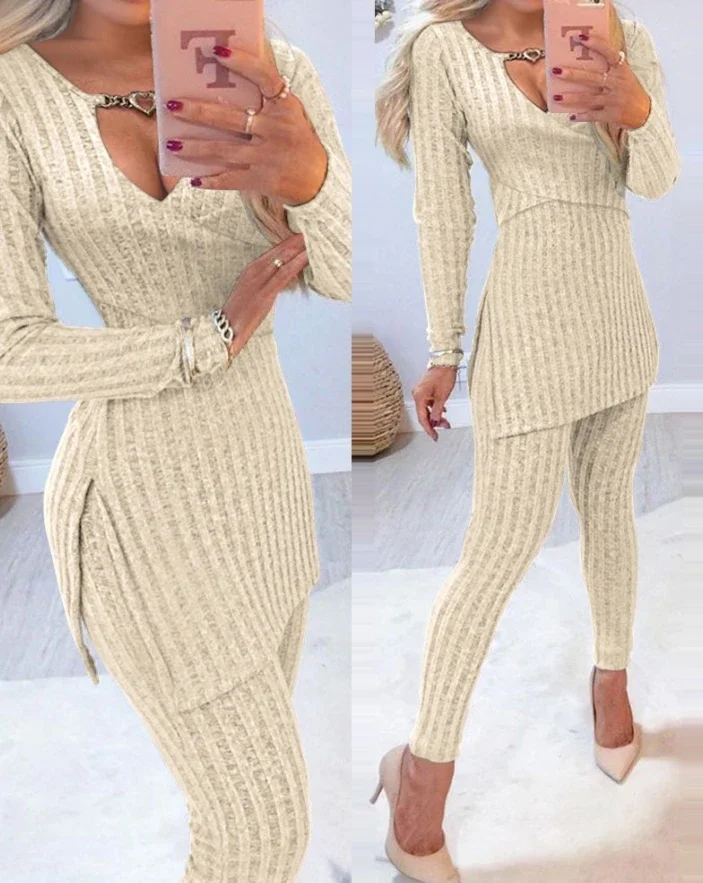 Casual Two Piece Set Women Outfit 2024 Autumn Winter New Heart Chain Decor Crisscross Slit Ribbed Top & Fashion Skinny Pants Set