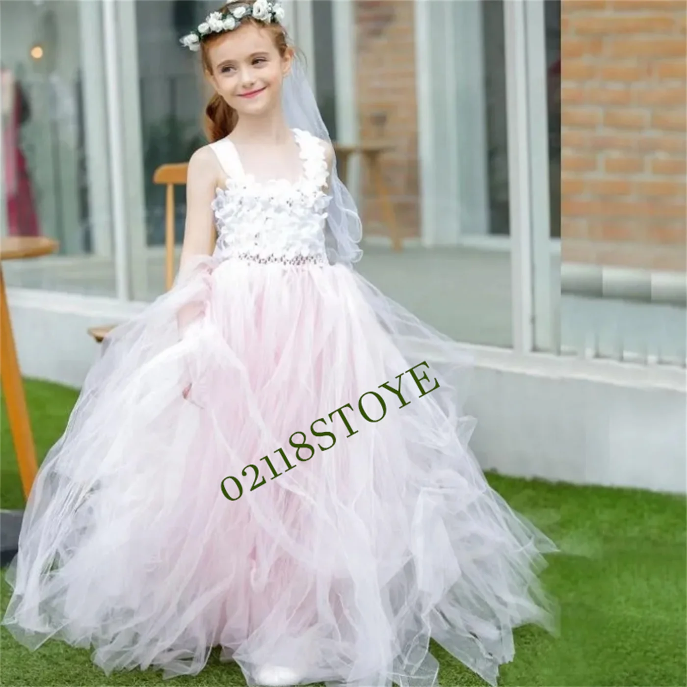 

Flower Girl Dresses Pink Tulle Puffy Appliques Sleeveless Long Skirt For Wedding Birthday Evening Banquet Princess Gowns