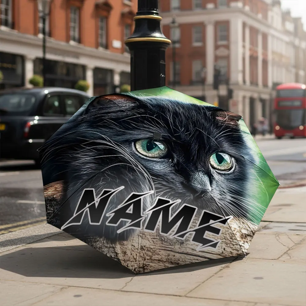 Custom Name umbrella, Mystical Black Cat Graphic Umbrella Fashion Fashion Folding Umbrella for Daily Use, Christmas Gift