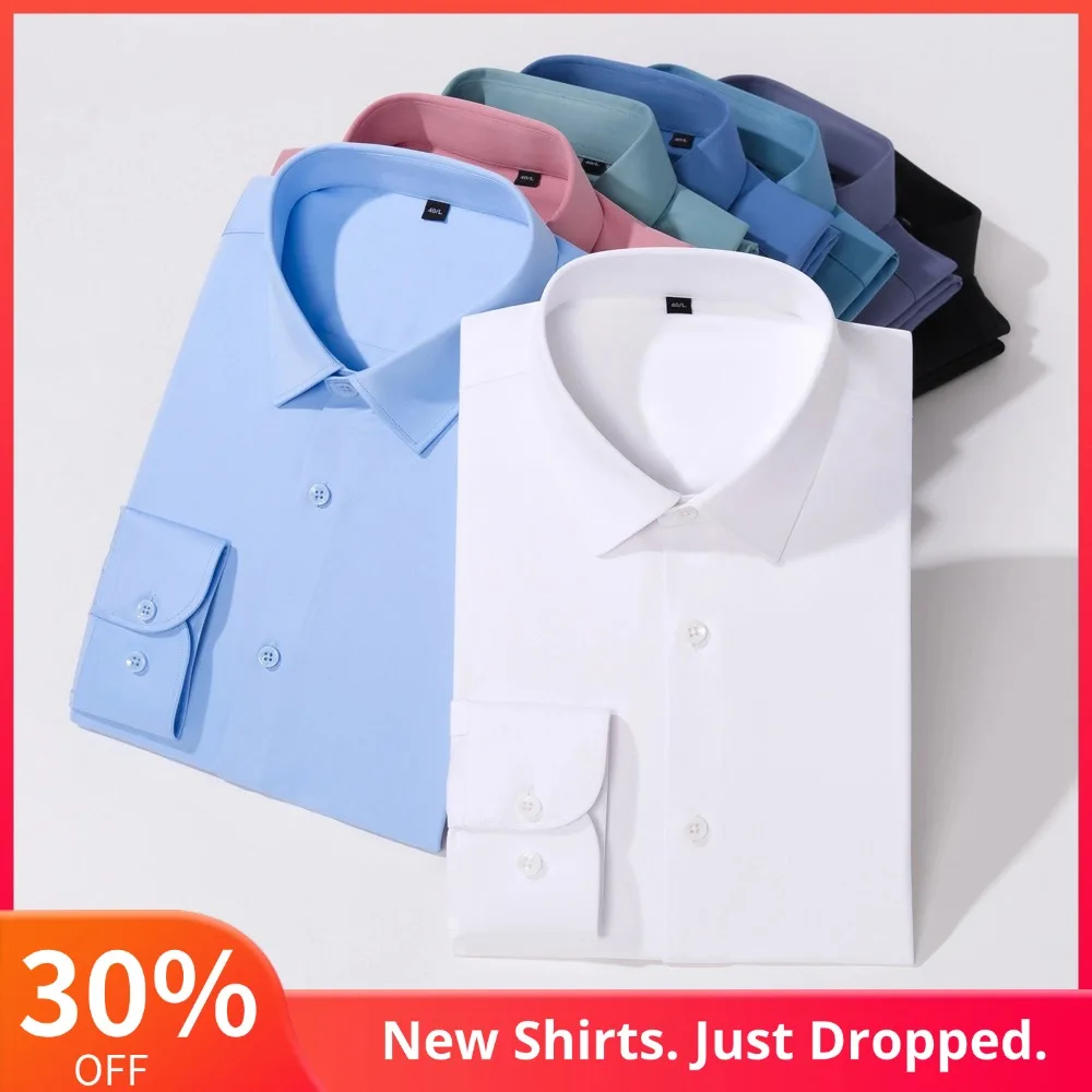 

Мужские гладкие эластичные модальные однотонные классические рубашки на пуговицах без кармана, с длинным рукавом, официальная деловая мужская одежда в стиле Old Money