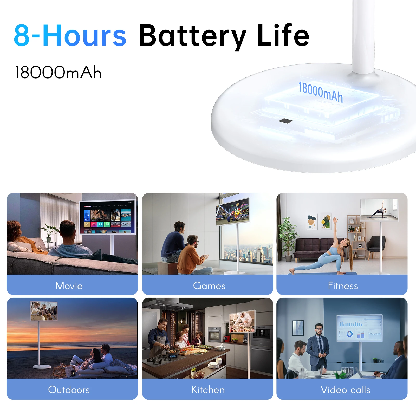 شاشة تلفزيون ذكية محمولة مقاس 32/43 بوصة على عجلات، شاشة قابلة للدوران 2K مع شاشة تعمل باللمس، نظام تشغيل Android، وقت تشغيل الفيديو 8H