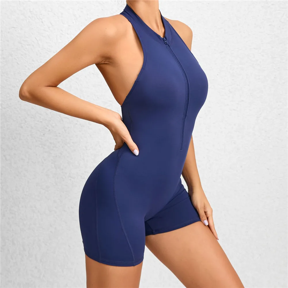 2026 Pad Sleeveless Deep V Exercise Gym Yoga Set One Piece Jumpsuit Women Sport Workout Fitness Scrunch Shorts Active Wear XP301 - Image 2