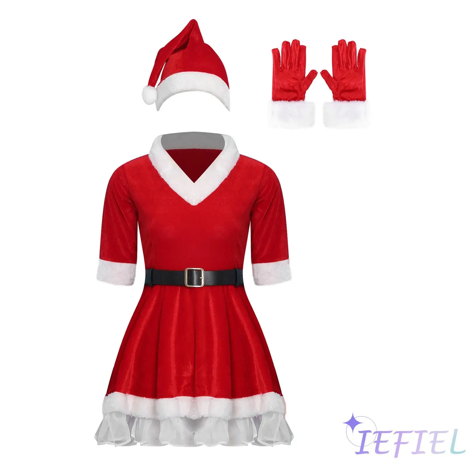 

Womens Christmas Santa Claus Dress-up Costume Long Sleeve Velvet Dress Waist Belt Hat Gloves 4-piece Set for Xmas Party Holiday