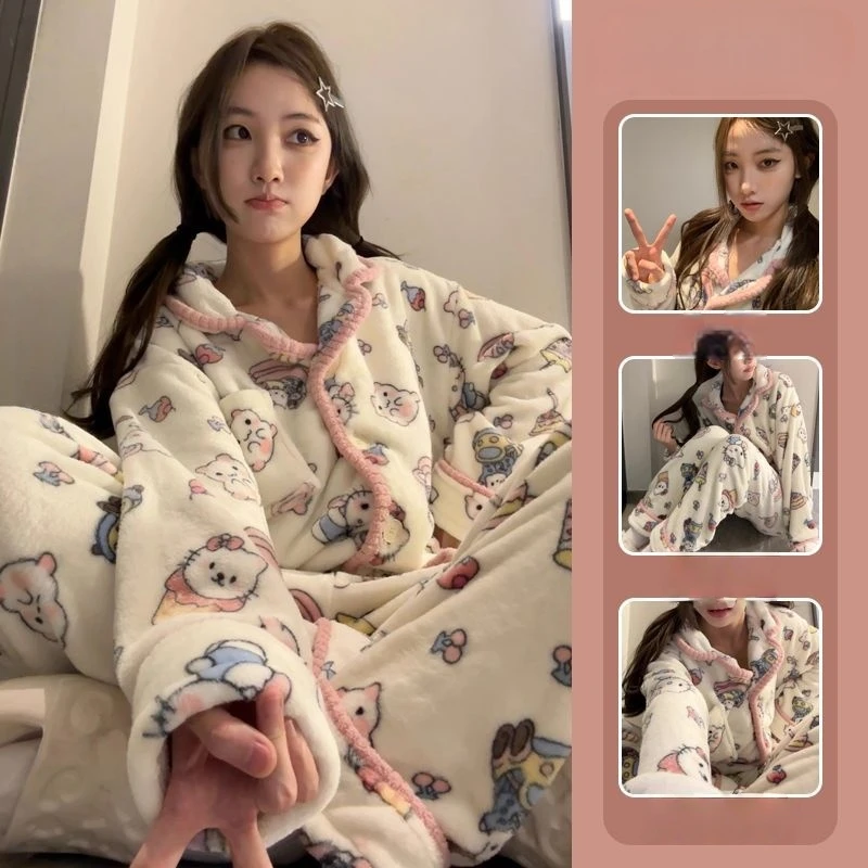 

Kawaii Hello Kitty коралловые флисовые пижамы аниме девушка милые пижамы с героями мультфильмов зимние утепленные домашние костюмы на флисовой подкладке новая оптовая продажа