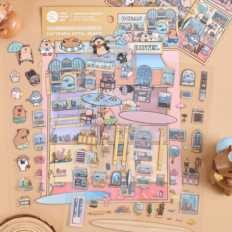 Card Lover 3 Pcs [Capibala Hotel Series] Creative Cartoon Interesting Scenes Collage Puzzle Stickers PET Material Scrapbook Kit