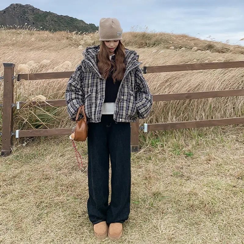 Retro Plaid Short Down Cotton Jacket for Petite Women in Winter 2025 New High-end Cotton Jacket