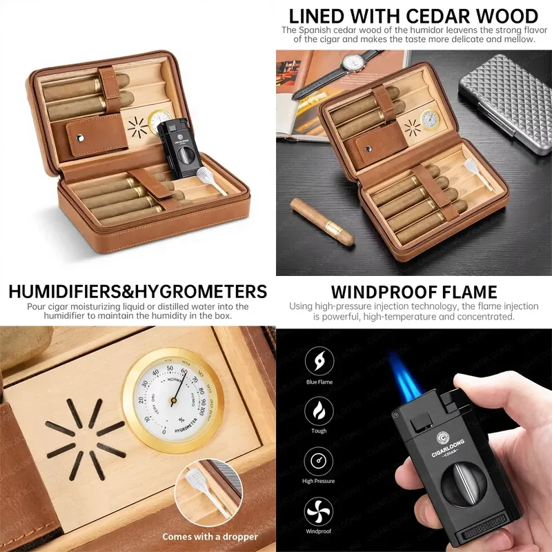 

【CHIMU HOME】 Premium Leather Cigar Travel Humidor Spanish Cedar Lined with Lighter and Accessories Set for 6 Cigars