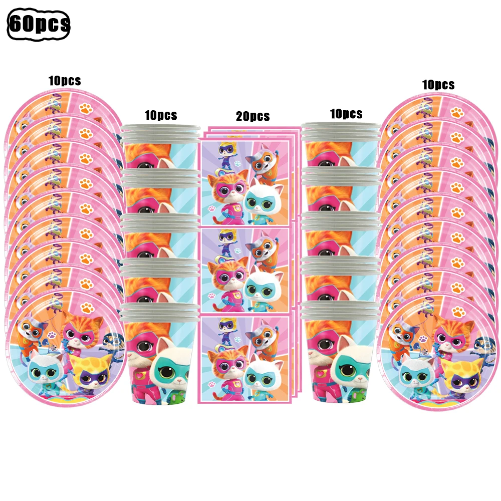 Superkitties Happy Birthday Party Decor Paw Meow Cat Super Kitties Geschirr Tischdecke Teller Tasse Geschenkset Kinderparty-Spielzeug