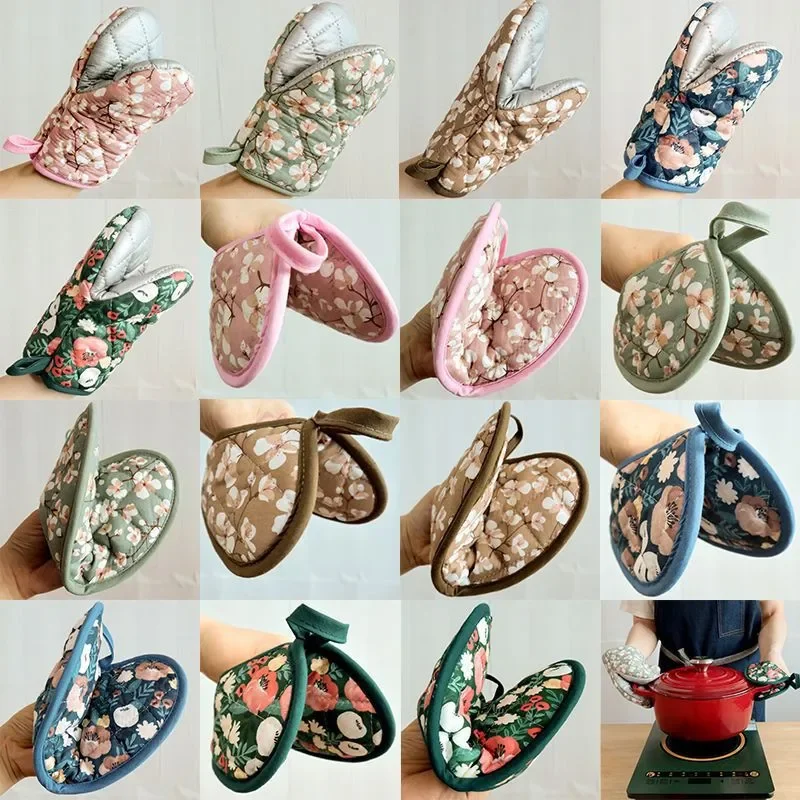 Flower Cotton Printed Baking Oven Gloves Home Kitchen Hot Resistant Heart-shaped Hand Clip Insulation Pad