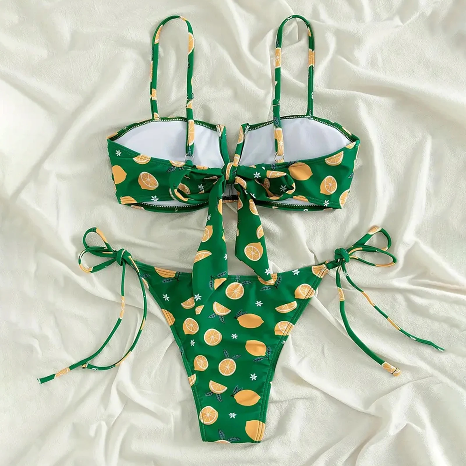 

Women Push Up Swimsuit Floral Lemon Print Ruffle V-Neck Bra with Side Tie-up Low Waist Shorts 2 Pcs Bikini Tie-up Swimwear