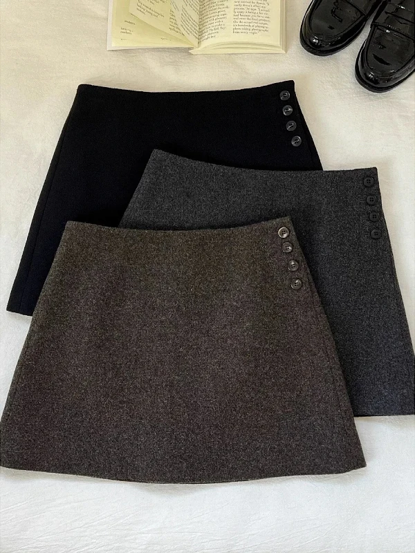 

Женская шерстяная юбка с высокой талией, модная, универсальная, осенне-зимняя, новая, в корейском стиле, с пуговицами, А-силуэт, для офиса