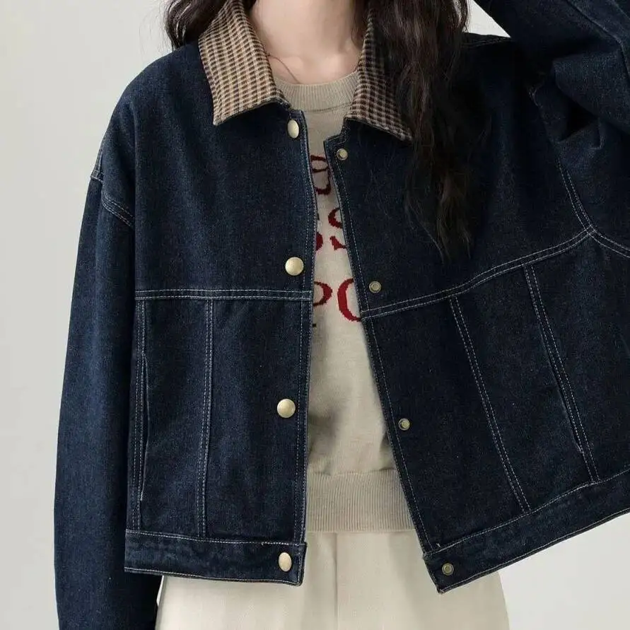 เสื้อแจ็คเก็ตยีนส์ลายสก็อตสำหรับฤดูใบไม้ผลิและฤดูใบไม้ร่วง ทรงหลวม คอปก สไตล์ลำลอง อเนกประสงค์ คลาสสิก ย้อนยุค แบรนด์จีน