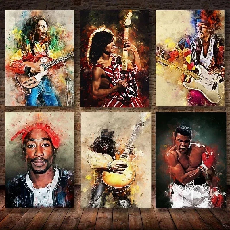 Watercolour Star Abstract Art Canvas Painting Bob Marley James Tupac Rock Singer Posters Pictures for Art Room Decor Aesthetic