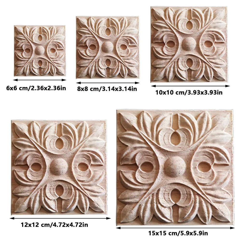 6 PCS Rubber Wood Onlay Appliques Carving Checkered Applique Unpainted Square Decal for Home Furniture Decoration