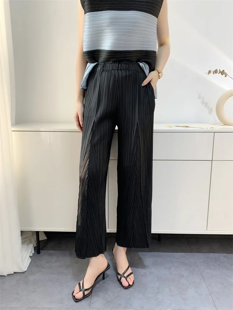 YUDX Miyake 2023 Spring Summer Pleated Women's Nine-minute Pants Fashionable Temperament Versatile Comfortable Pants Flared Slim