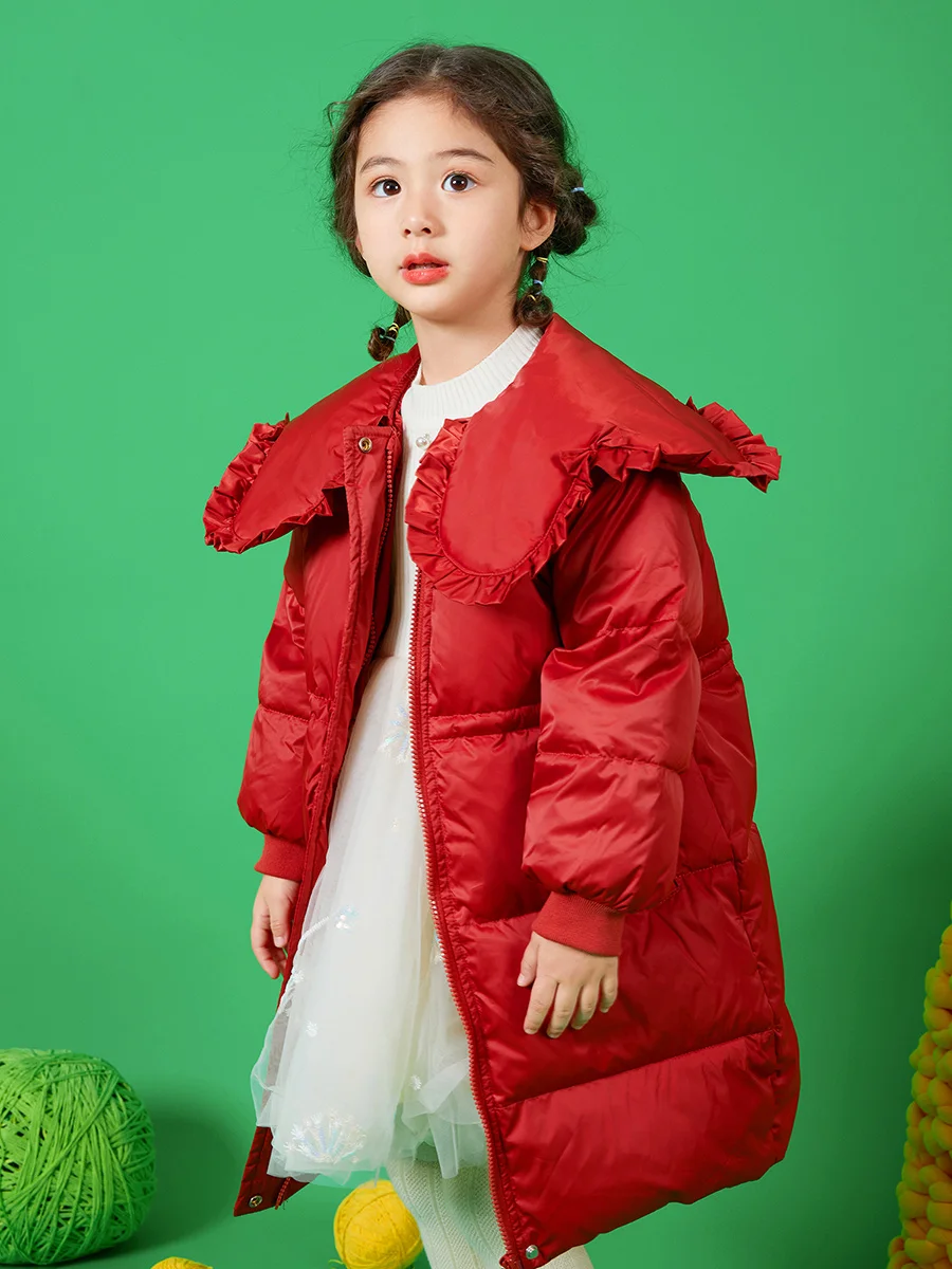 

90% White Duck Down Thick Warm Long Parka 2022 Winter Red Black Fashion Turn-down Collar Lapel 3T 8yrs Kids Coat 150cm Height