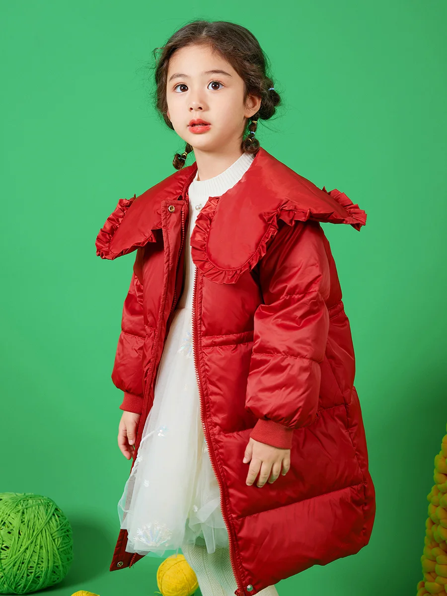 90% White Duck Down Thick Warm Long Parka 2022 Winter Red Black Fashion Turn-down Collar Lapel 3T 8yrs Kids Coat 150cm Height