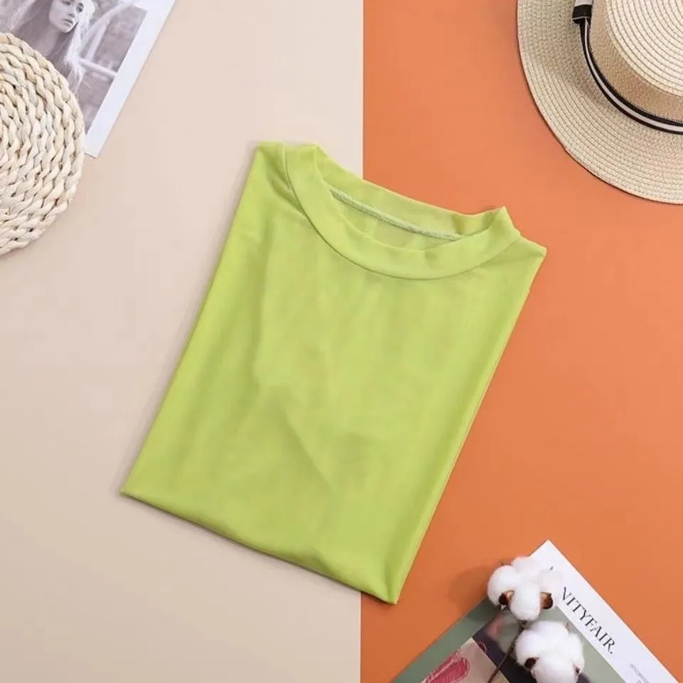 Candy Colored Mesh Base Shirt Women Summer Thin Ice Silk round Neck Transparent Sun Protection Cover up Top Layered Wear