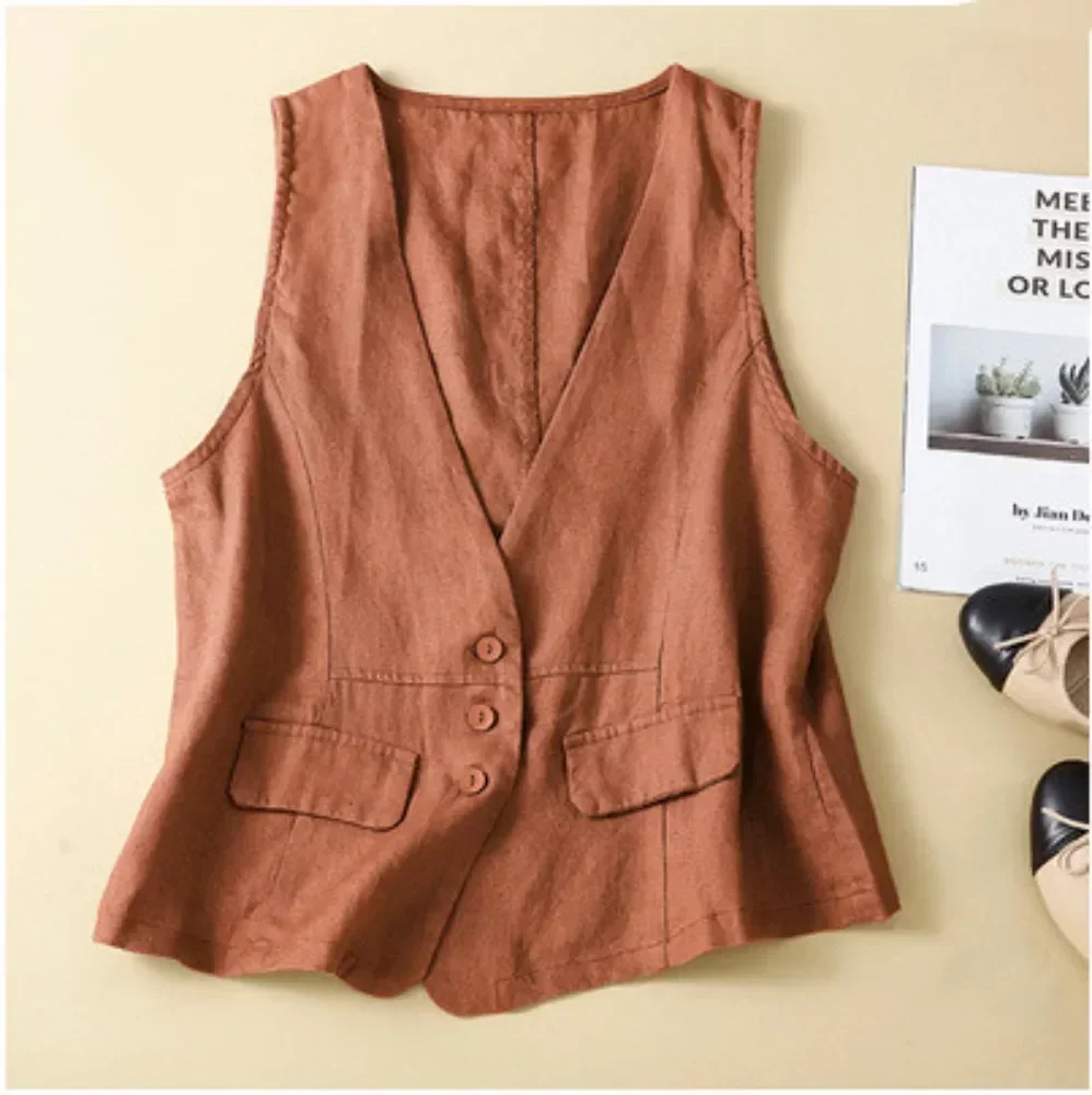 Thin Overcoat Coat Vest for Women Clothing Fashion Clothes Elegant Casual Vintage Streetwear Cotton Linen Sleeveless Jackets