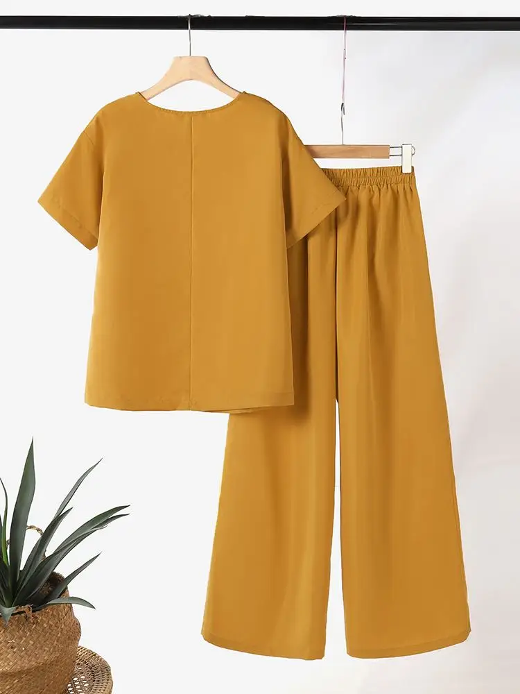 ZANZEA-chándales de 2 piezas para mujer, traje de Blusa de manga corta y pantalones de pierna ancha, conjuntos de trabajo a juego Vintage OL, moda de verano