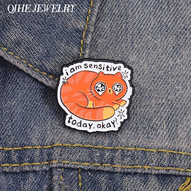 Cartoon Big Eyes Sad Crying Ginger Cat Brooch Enamel Pins Custom I Am Sensitive Today Okay Brooches Lapel Badge Jewelry Gifts