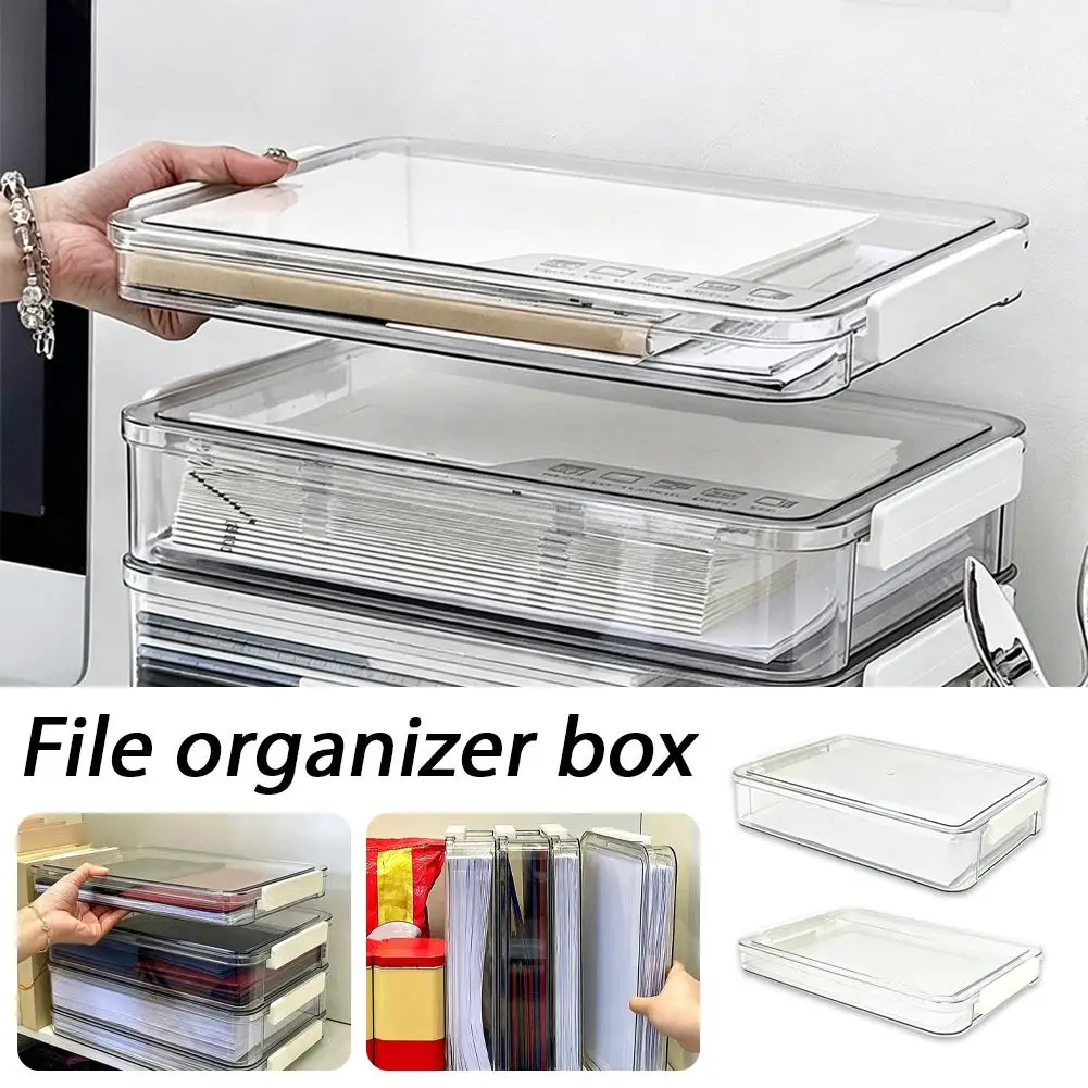 Boîte de rangement transparente A4 pour fichiers, grande capacité, boîte de rangement de documents, porte-certificats en plastique empilable pour le bureau