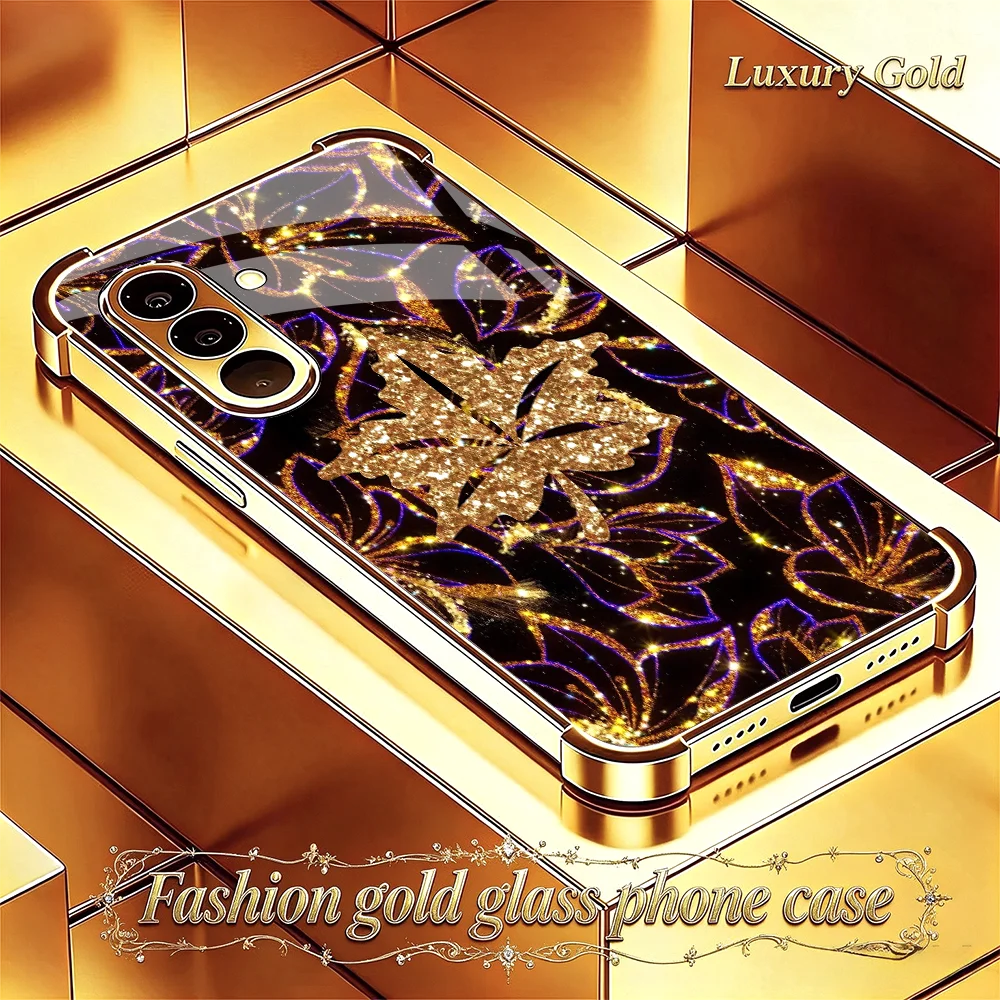 Creative Purple Gold Leaf Tempering Glass phone case s26 ultra s25 ultra for Samsung Galaxy s26/s25/s24/s23/s22 Ultra FE Plus