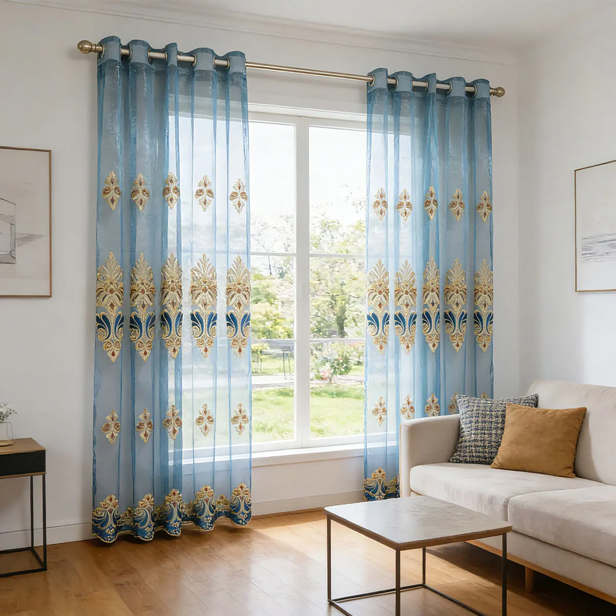 2pcs Luxury European Blue Gold Embroidered Sheer Curtains (Curtains Only, Rod Not Included)