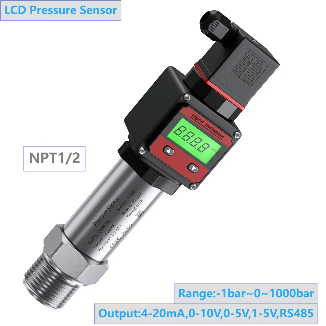 NPT1/2 Digital Pressure Gauge Digital Display 0-0.3bar 1bar 10bar 30bar 50bar 100bar LCD Pressure Transmitter 0-10V 0-5V 4-20mA