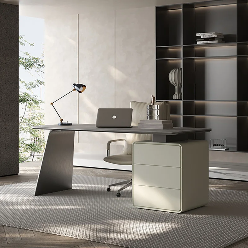 

Fashion Sintered Stone Desk with Drawer Storage Cabinet and Stainless Steel Legs,Contemporary Writing Table for Home Office