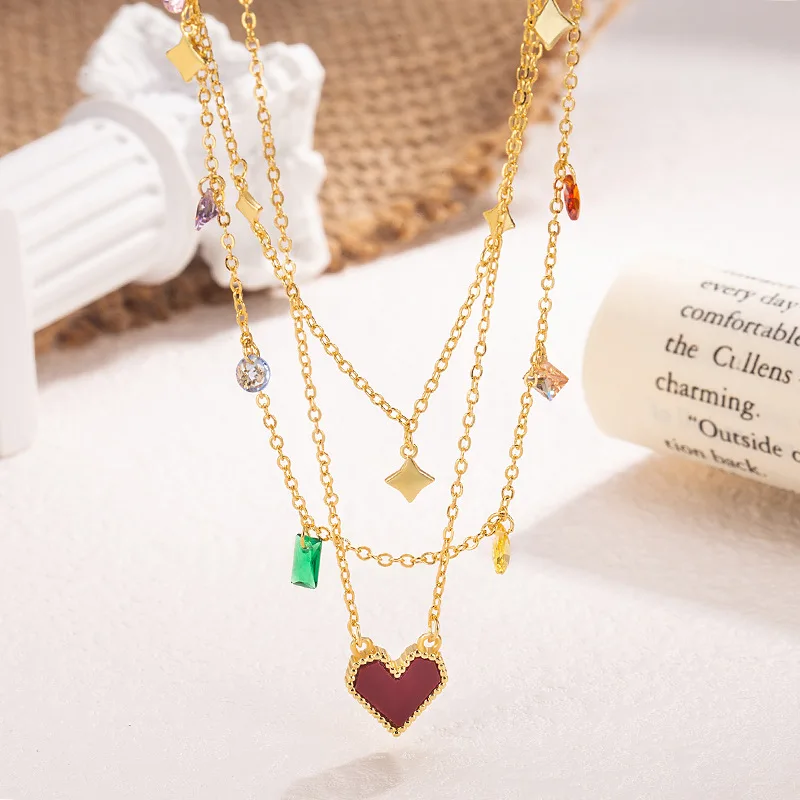 925 Silver Summer Colorful Dopamine Multi layered Irregular Star Red Heart Necklace