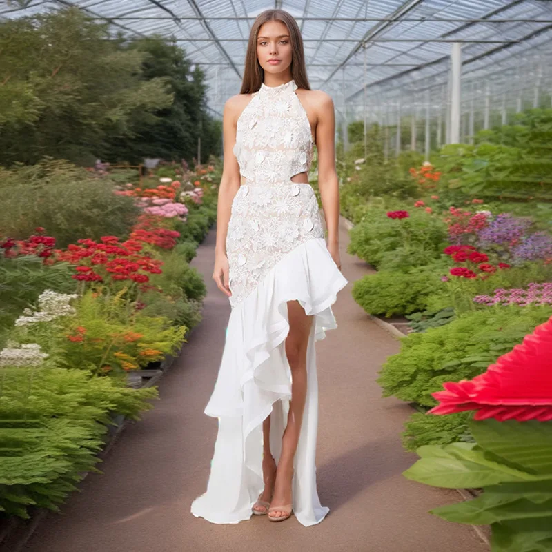 

French banquet dress long dress embroidered ruffle edge slim waist dress fashionable simple luxury temperament elegant high-end