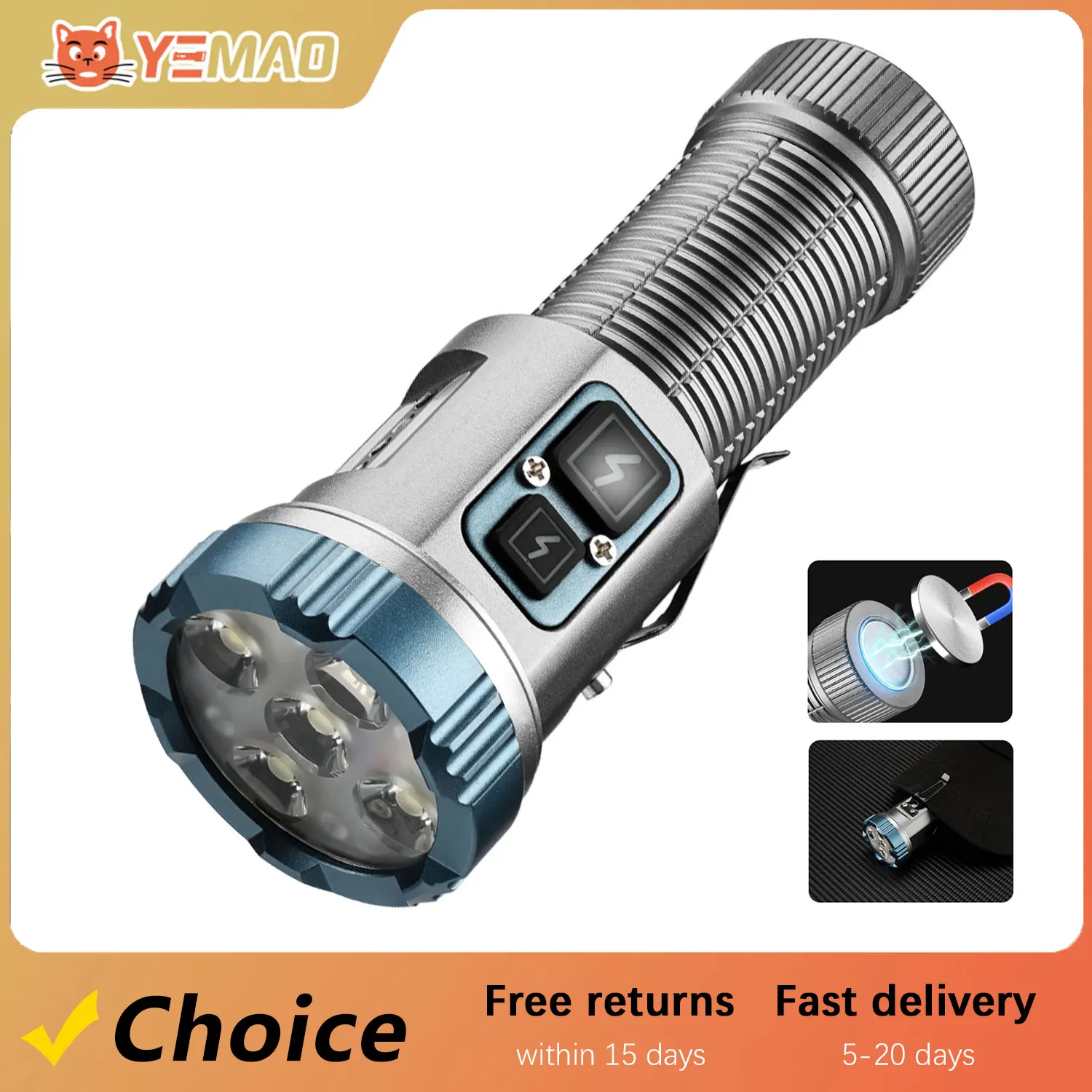 

YEMAO F555X 2000LM Tactical Flashlight - USB Rechargeable w/Red & Blue Police Strobe, Emergency LED Torch for EDC