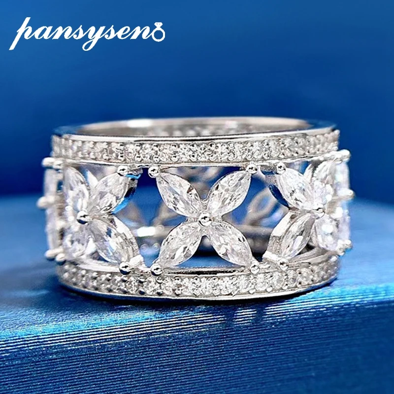 

PANSYSEN 100% 925 Sterling Silver Flower Simulated Moissanite Diamonds Wedding Engagement Rings for Women Fine Jewelry Wholesale